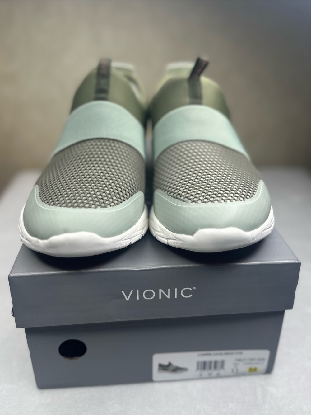 Vionic Women's Slip-On Athletic Sneakers in Sage Green and White